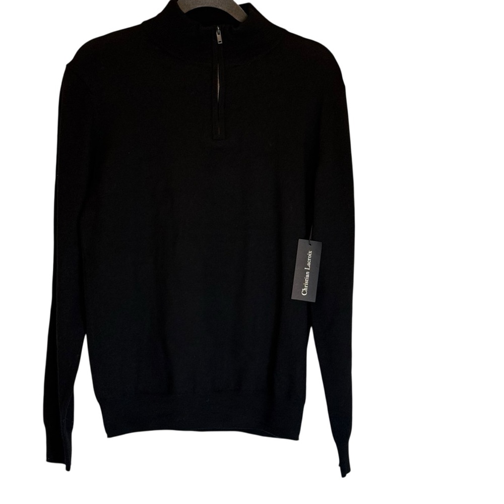 Christian Lacroix Black merino wool 1/4 zip sweater mens MEDIUM NWT